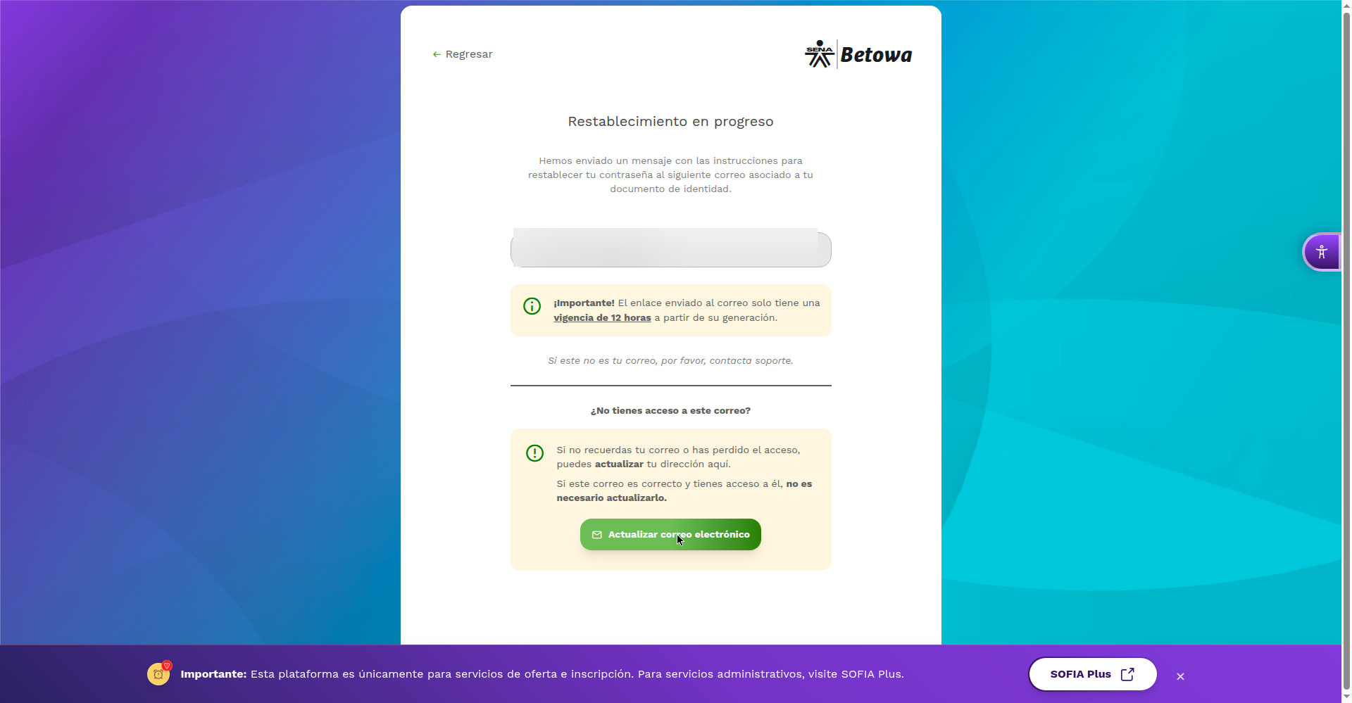 Opción Actualizar correo electrónico en Betowa
