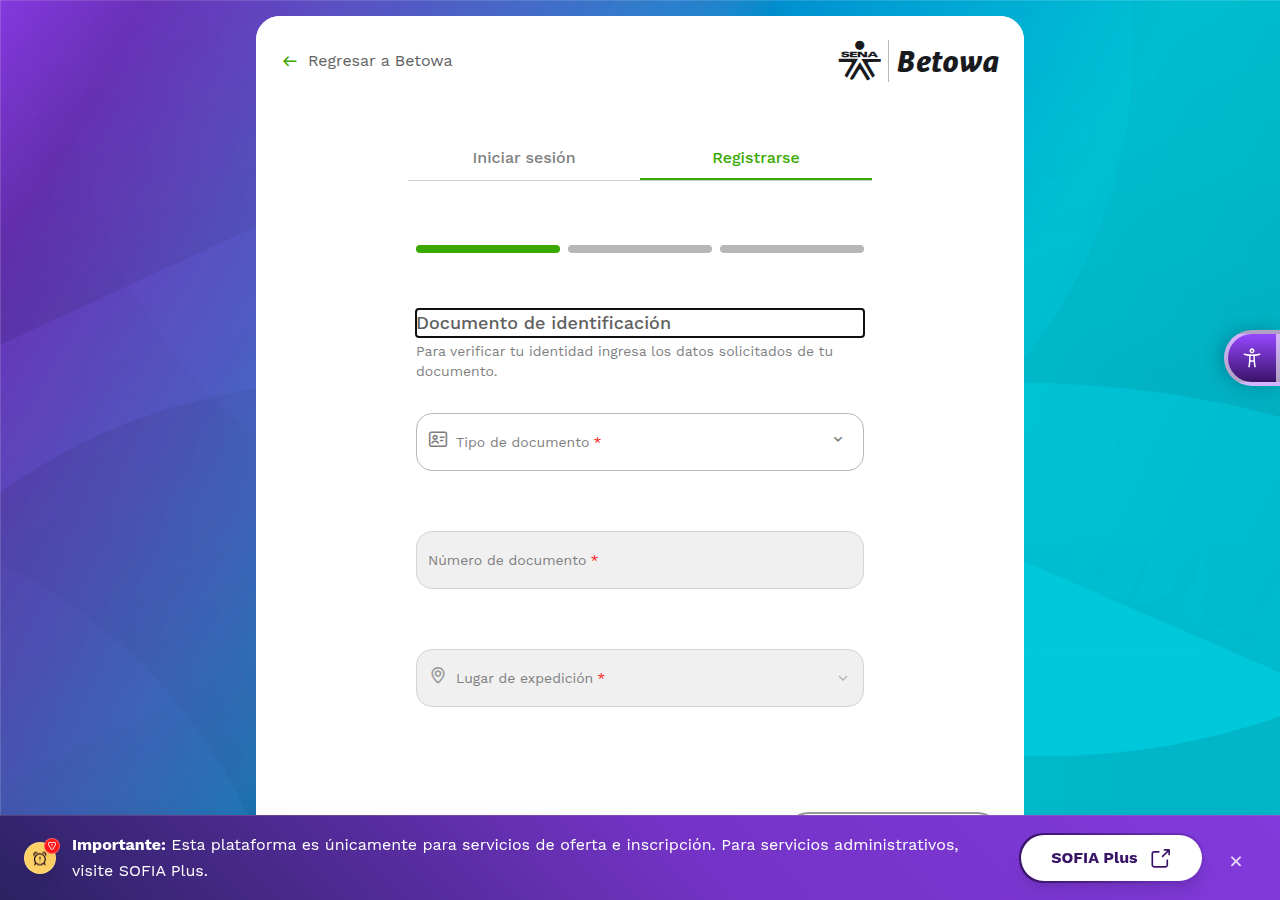 Opción de registro en Betowa